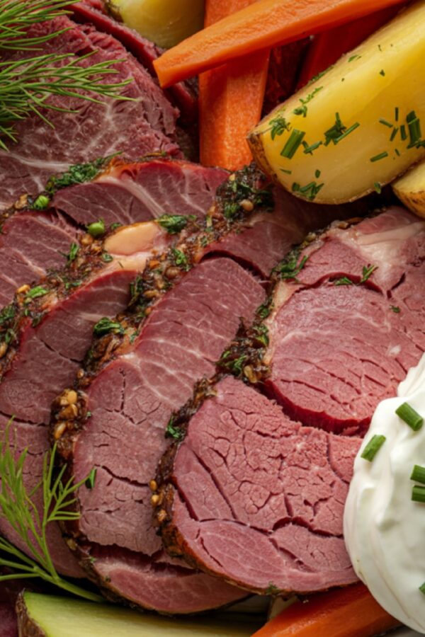 overhead image of sliced and seasoned corned beef on a plate with potatoes, carrots, and sauce