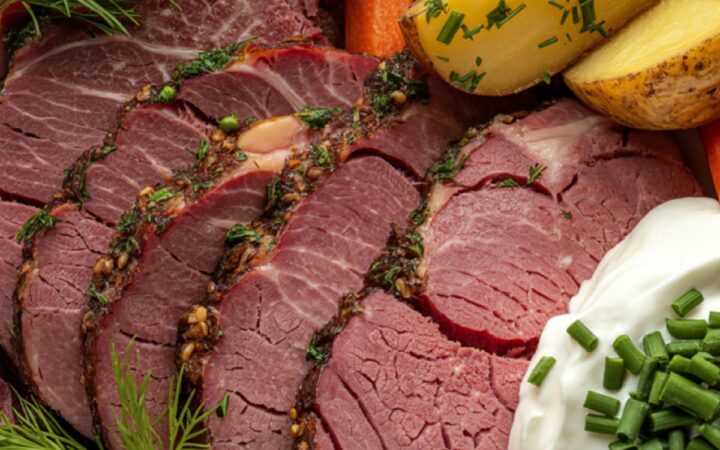 overhead image of sliced and seasoned corned beef on a plate with potatoes, carrots, and sauce