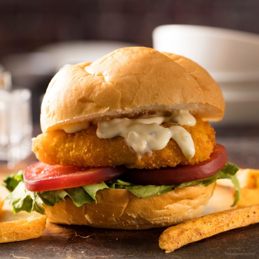 Fried Frish Sandwich on a rustic surface with french fries