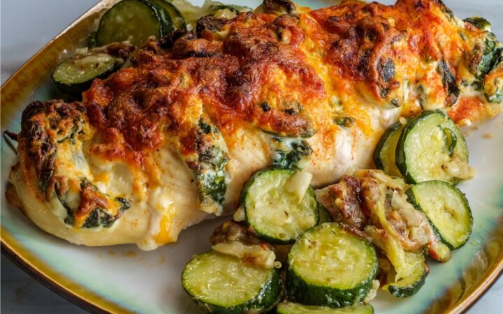 Close up image of hasselback chicken on a plate