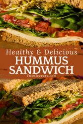 Hummus sandwich with veggies pin with text overlay