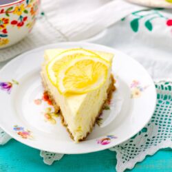 Ancient Greek cuisine Close up image of lemon cheesecake on a decorative plate