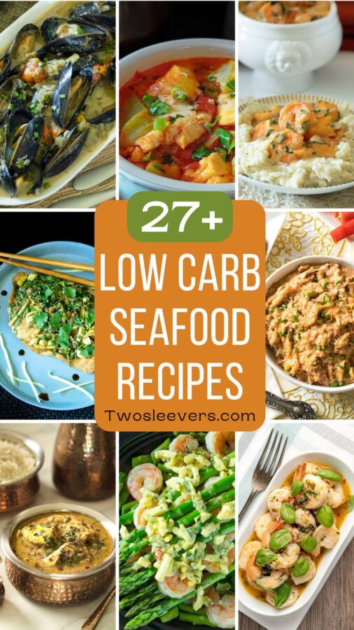 9 part grid of low carb seafood recipes with text overlay