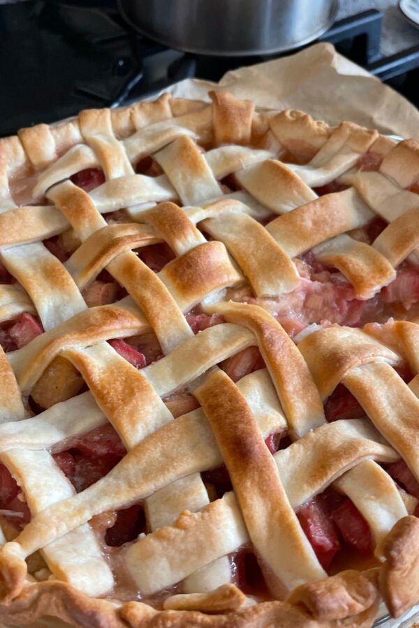 Rhubarb Pie cooling on a stovetop