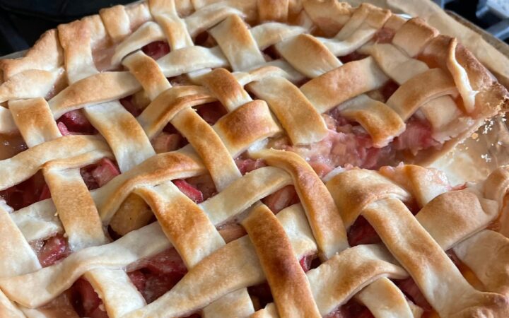 Rhubarb Pie cooling on a stovetop