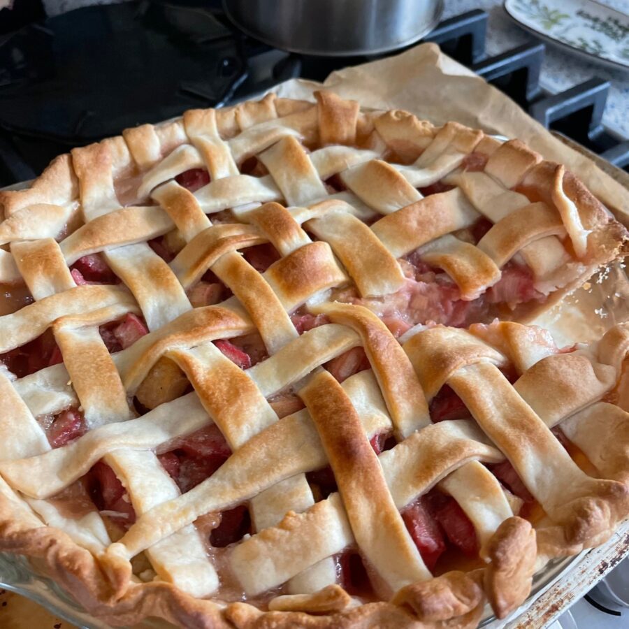 Rhubarb Pie cooling on a stovetop