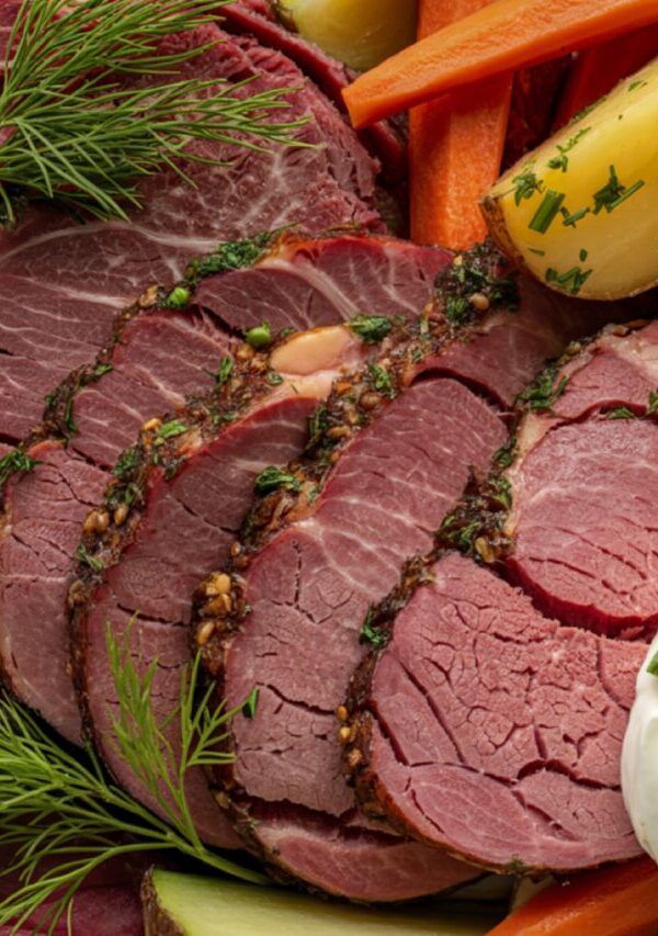 overhead image of sliced and seasoned corned beef on a plate with potatoes, carrots, and sauce
