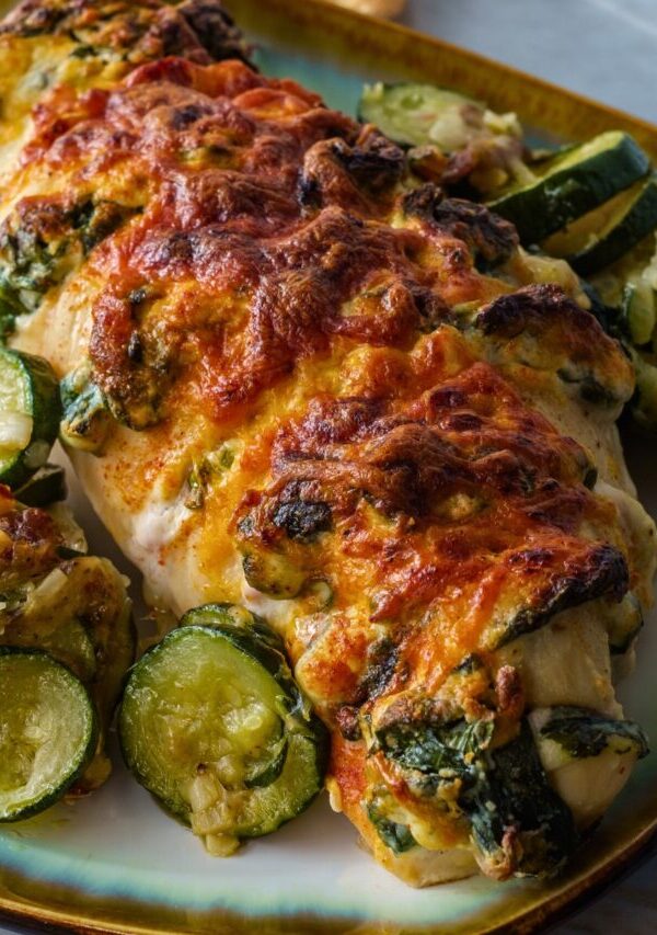 Overhead image of hasselback chicken on a plate with a vegetable side dish