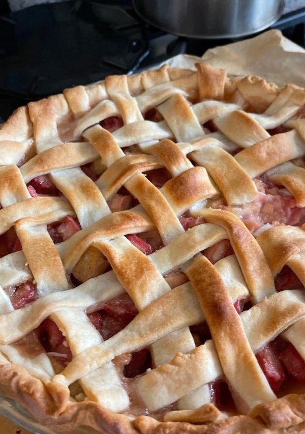 Rhubarb Pie cooling on a stovetop