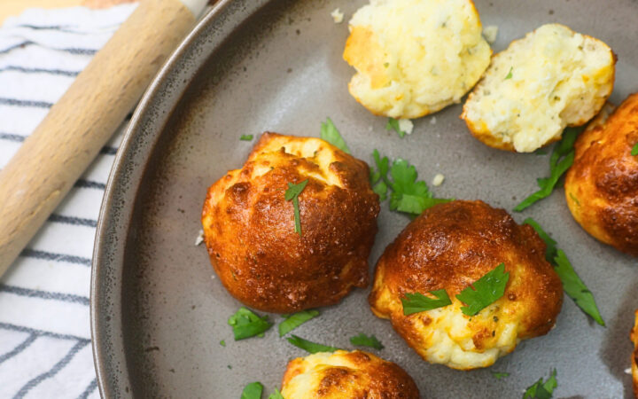 Air Fried Protein Cheese Bites on a plate with garnish