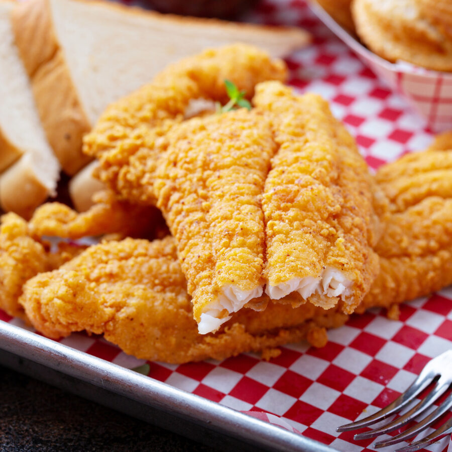 Close up image of air fryer catfish with a bite taken out of it