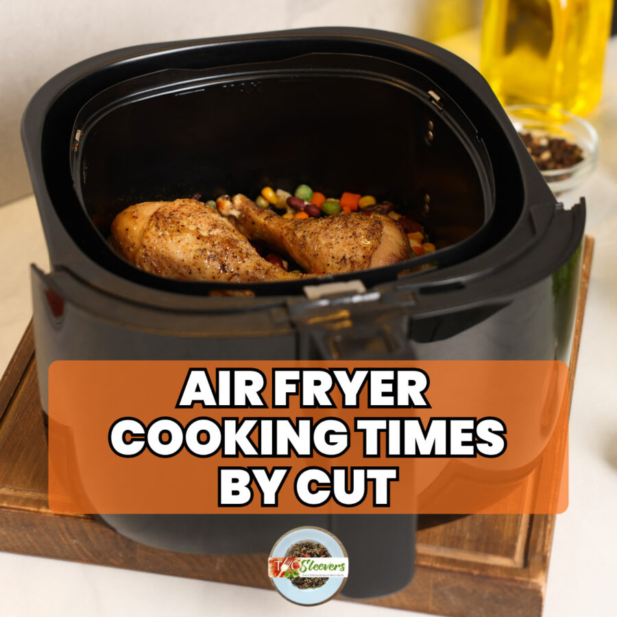 Image of chicken legs in an air fryer with text overlay reading "Air Fryer Cooking Times By Cut"