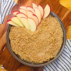 Overhead image of Apple Toffee Dip with sliced apples in it