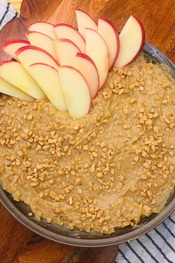 Overhead image of Apple Toffee Dip with sliced apples in it