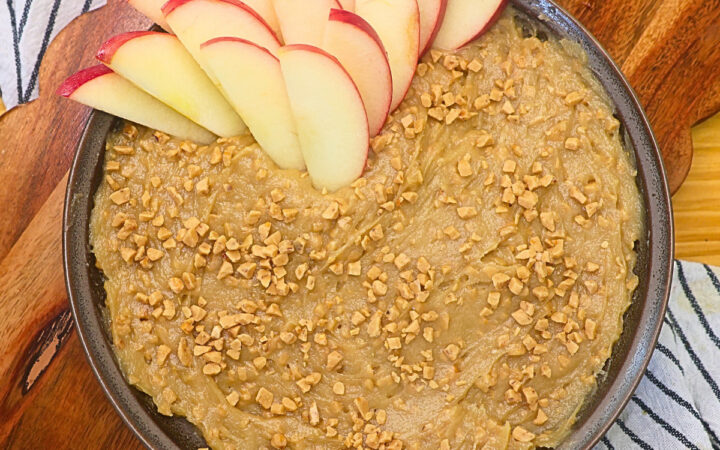 Overhead image of Apple Toffee Dip with sliced apples in it