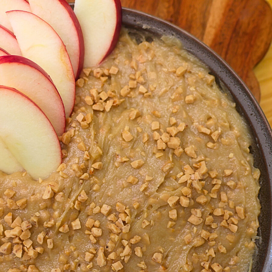 Close up image of Apple Toffee Dip with apples in it