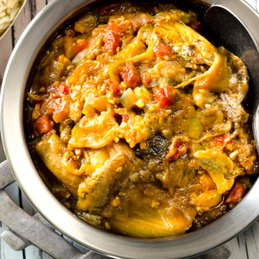 Overhead image of Baingan Bharta in a metal serving dish