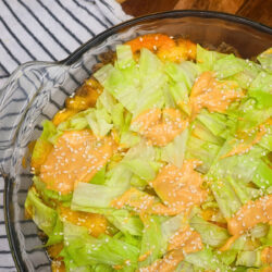 Close up image of Big Mac Salad in a glass baking dish