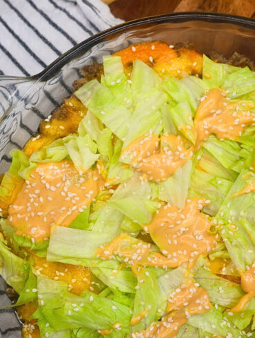 Close up image of Big Mac Salad in a glass baking dish