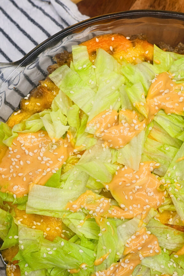 Close up image of Big Mac Salad in a glass baking dish