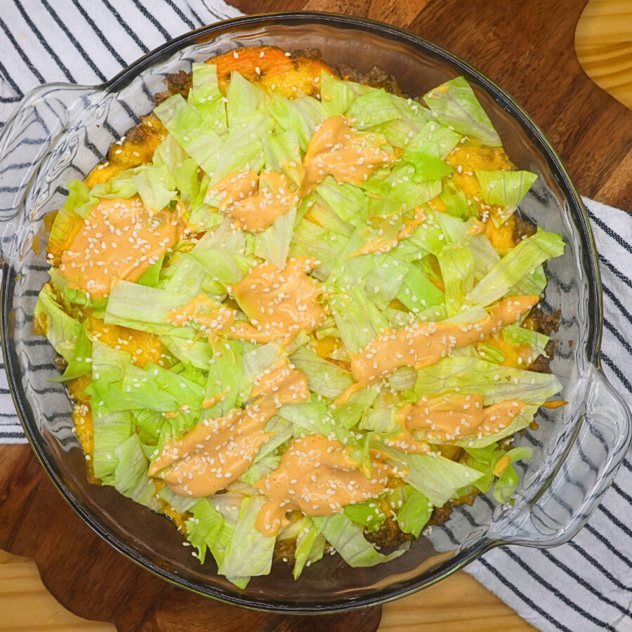 Overhead image of an assembled Big Mac Casserole