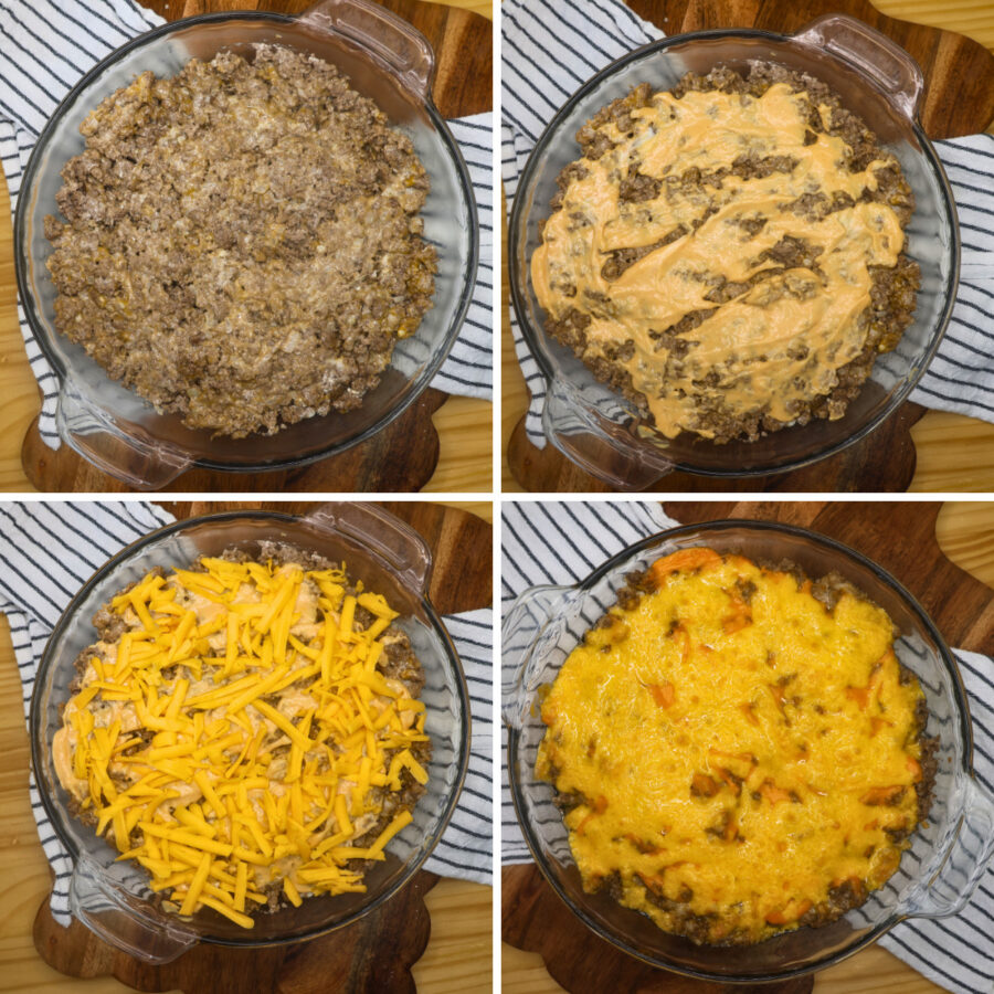 Four part grid of a big mac casserole being layered and baked