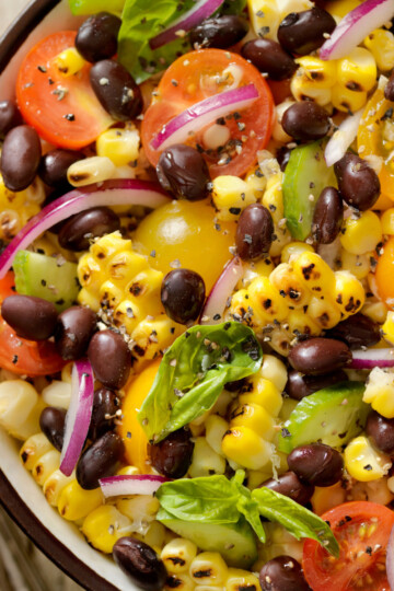 Overhead image of a black bean and corn salad
