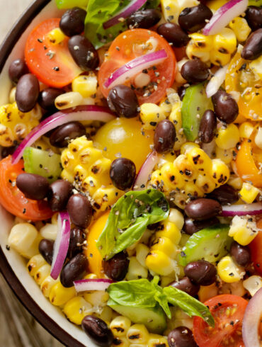 Overhead image of a black bean and corn salad