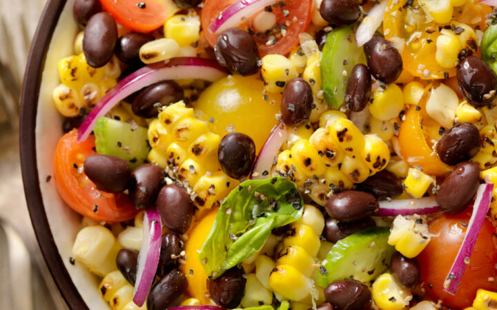 Overhead image of a black bean and corn salad