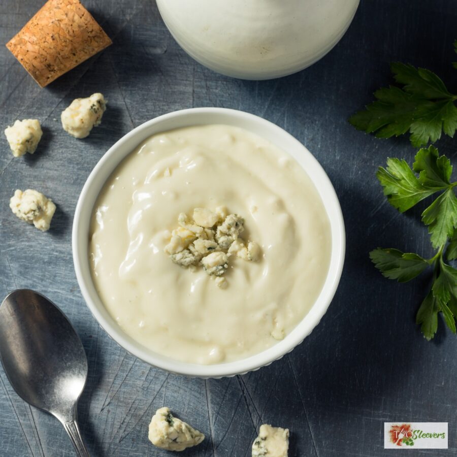 Overhead image of blue cheese dressing in a bowl