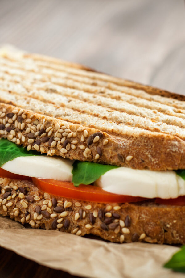 Close up image of a Caprese Sandwich