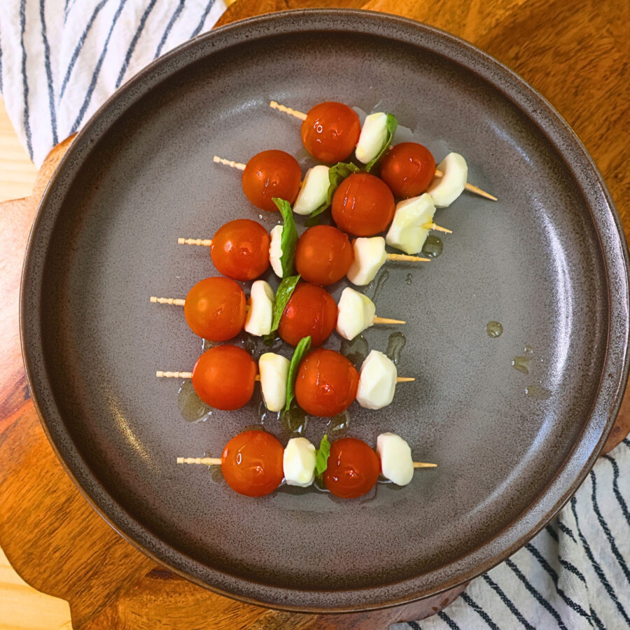 Caprese Skewers drizzled with olive oil
