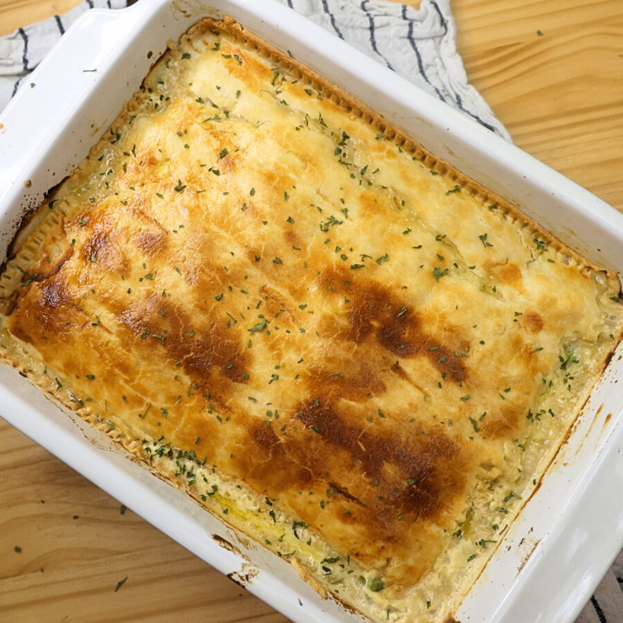 overhead image of a baked chicken pot pie casserole