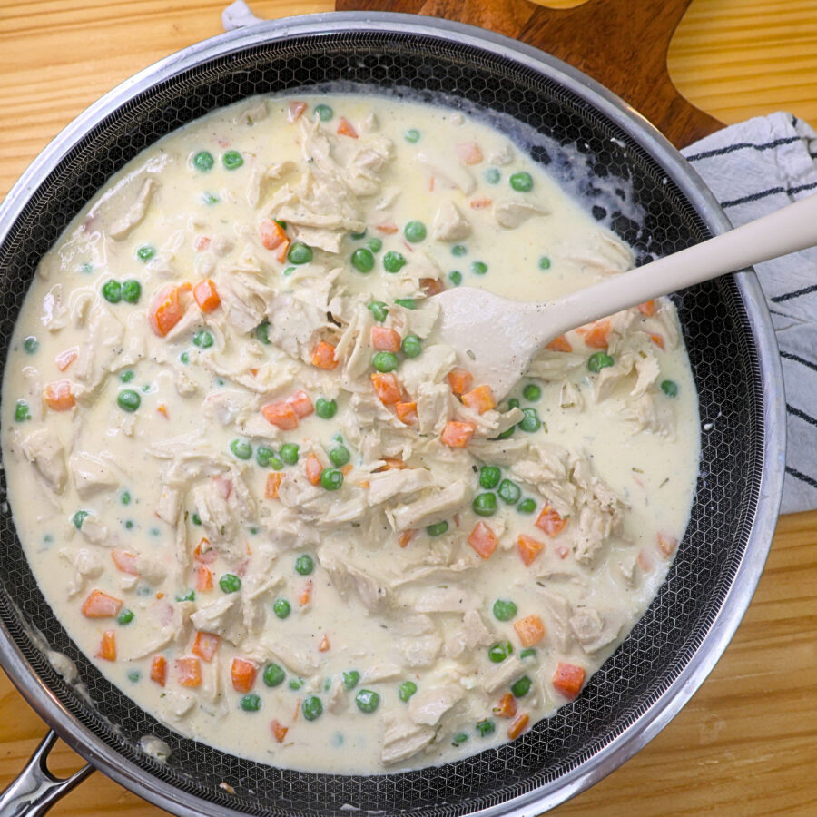 Filling for Chicken Pot Pie Casserole in a skillet