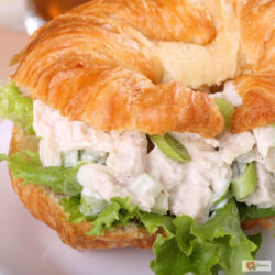 Close up image of chicken salad sandwich on a croissant