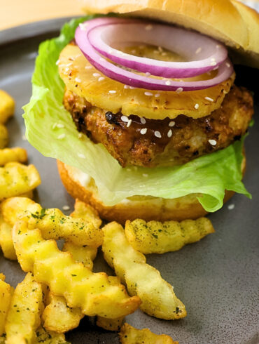 Air Fryer Chicken Teriyaki Burger on a plate with french fries