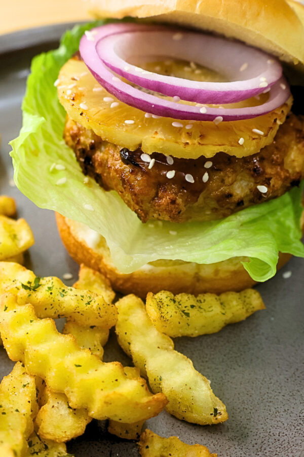 Air Fryer Chicken Teriyaki Burger on a plate with french fries