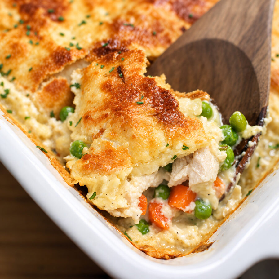 Close up image of chicken pot pie casserole being served with a wooden spoon