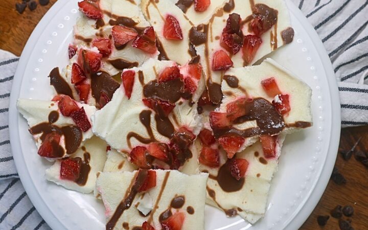 Overhead image of Chocolate Strawberry Yogurt Bark broken into pieces in a white bowl