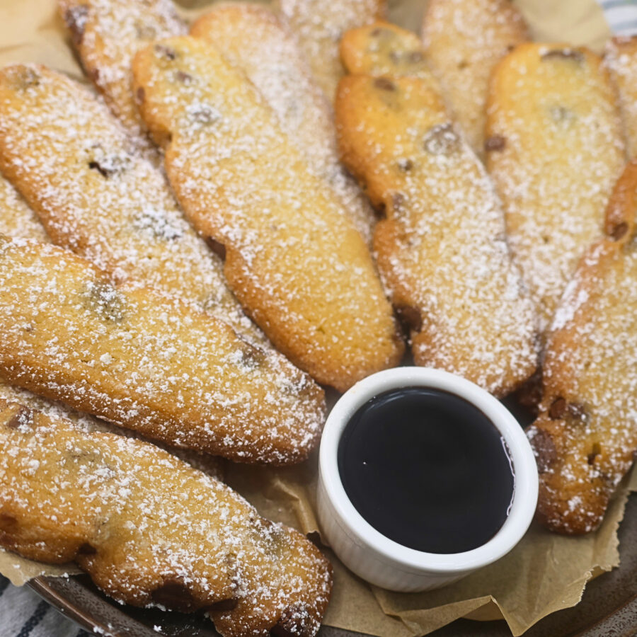 Close up image of cookie fries with chocolate dipping sauce