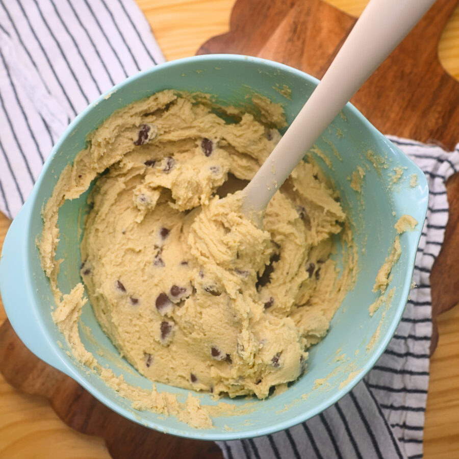 Dough for Cookie Fries in a blue mixing bowl