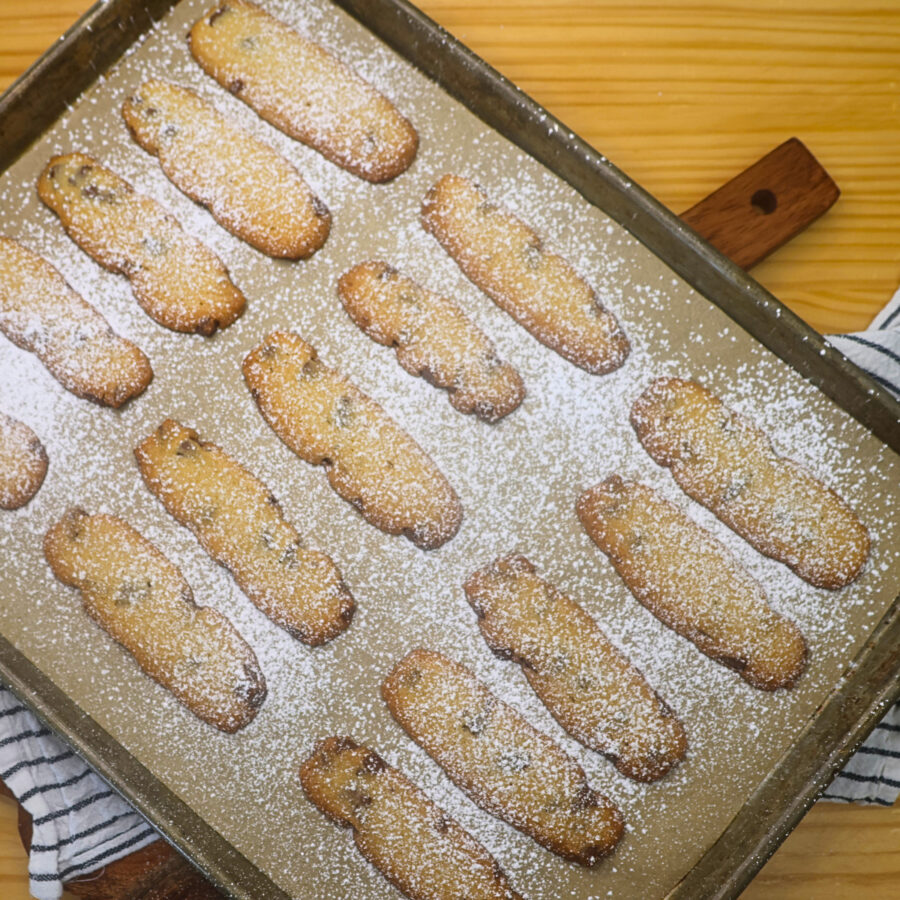 Baked cookie fries dusted with powdered sugar