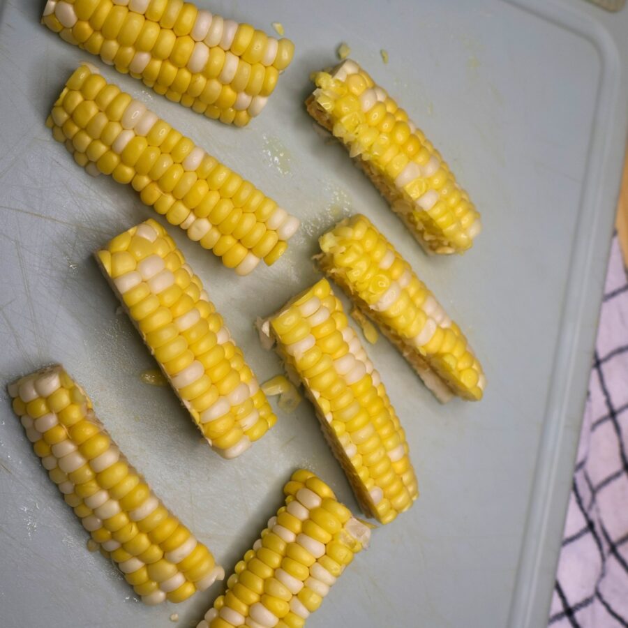 An ear of corn cut into 8 corn ribs