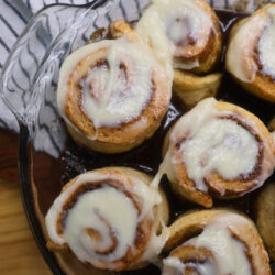Cinnamon Close up image of cottage cheese cinnamon rolls in a pan