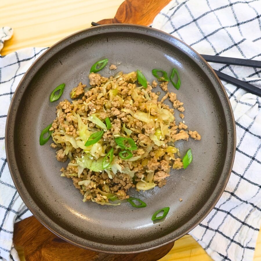 Overhead image of Egg Roll In A Bowl on a rustic surface