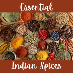 food Essential Indian Spices in small bowls with text overlay