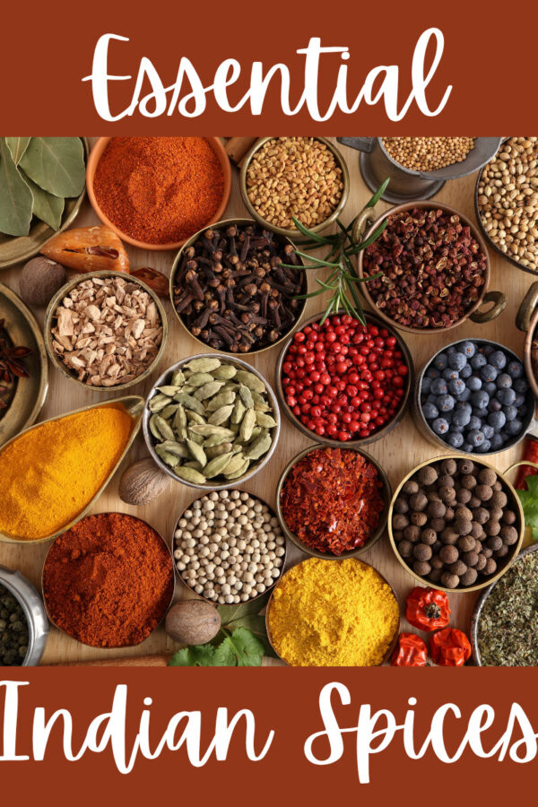 Essential Indian Spices in small bowls with text overlay