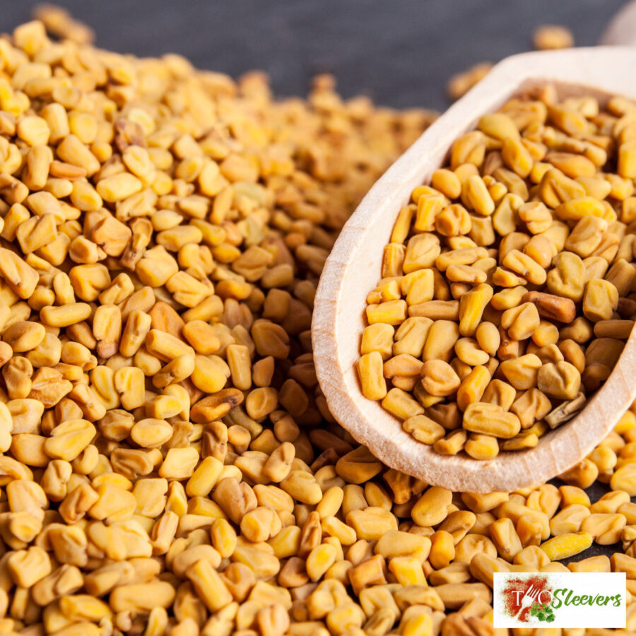 Close up image of Fenugreek with a wooden scoop