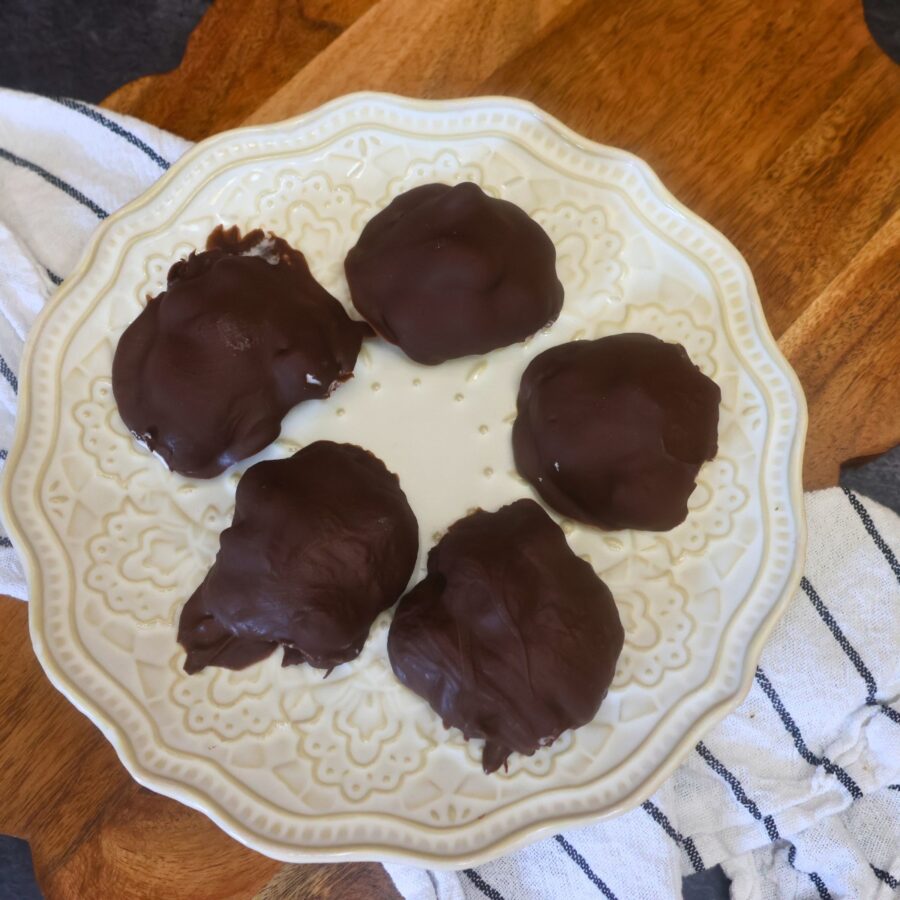 Overhead image of five frozen yogurt fruit clusters on a plate