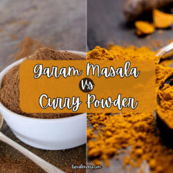 Two part grid of Garam masala and curry powder side by side with text overlay reading "Garam masala vs curry powder"